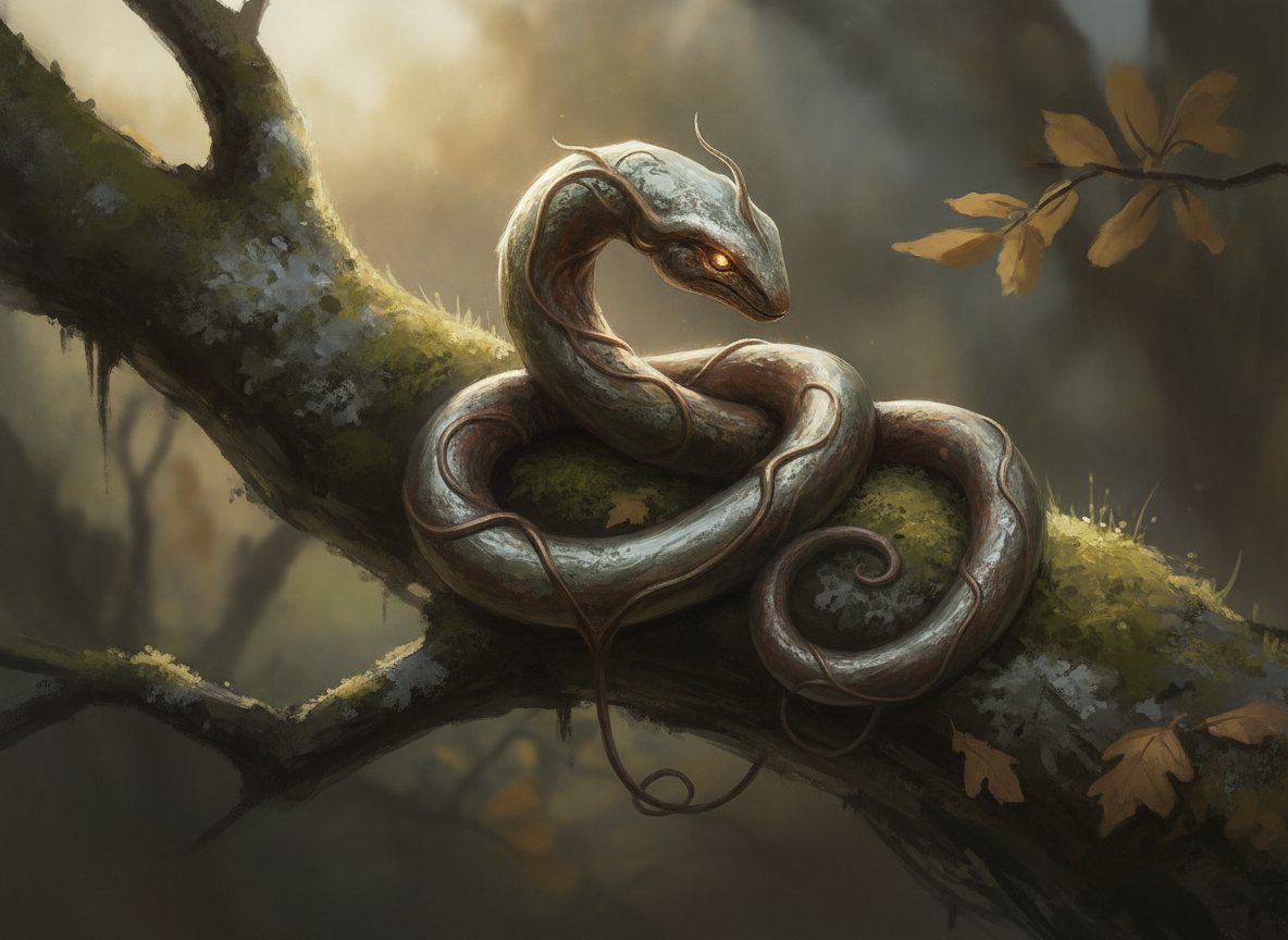 Concept art: a sensor instrument shaped like a serpent-vine, coiled on a mossy oak branch